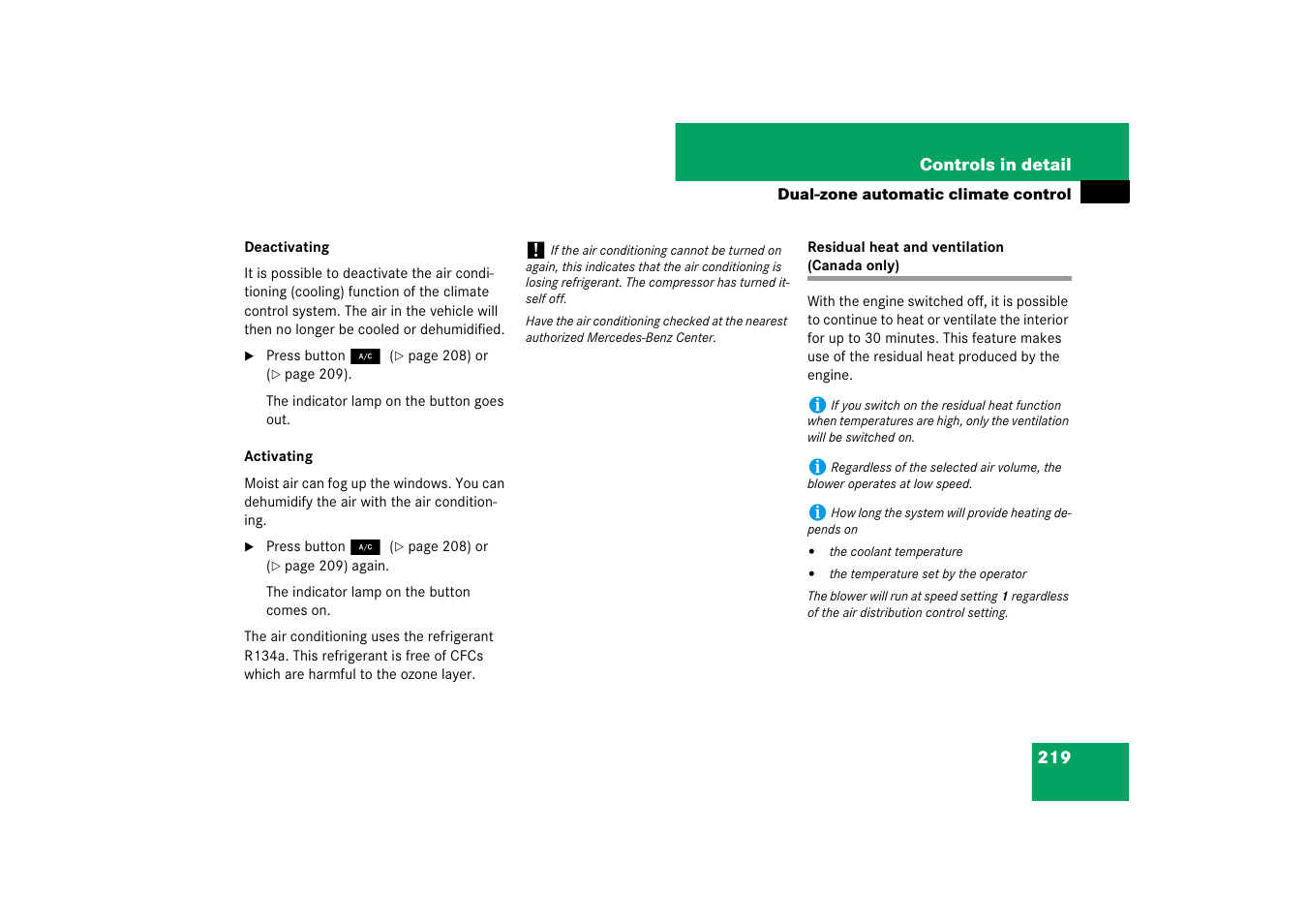 Climate control system:residual engine heat (rest), Residual heat and ventilation (canada only) | Mercedes-Benz E-Wagon 2007 Owners Manual User Manual | Page 220 / 514