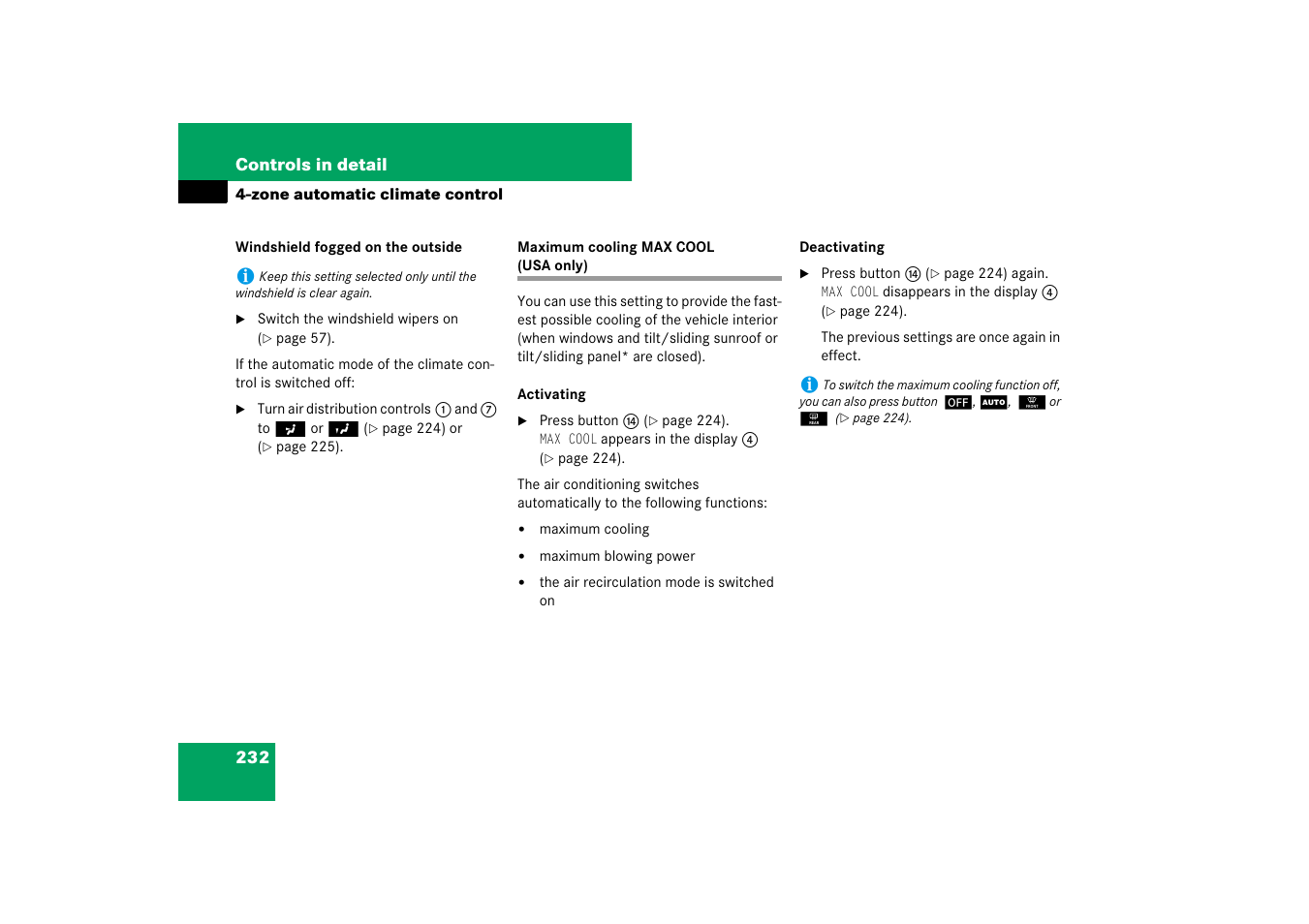 Climate control system:maximum cooling max cool, Maximum cooling max cool (usa only) | Mercedes-Benz E-Wagon 2007 Owners Manual User Manual | Page 233 / 514