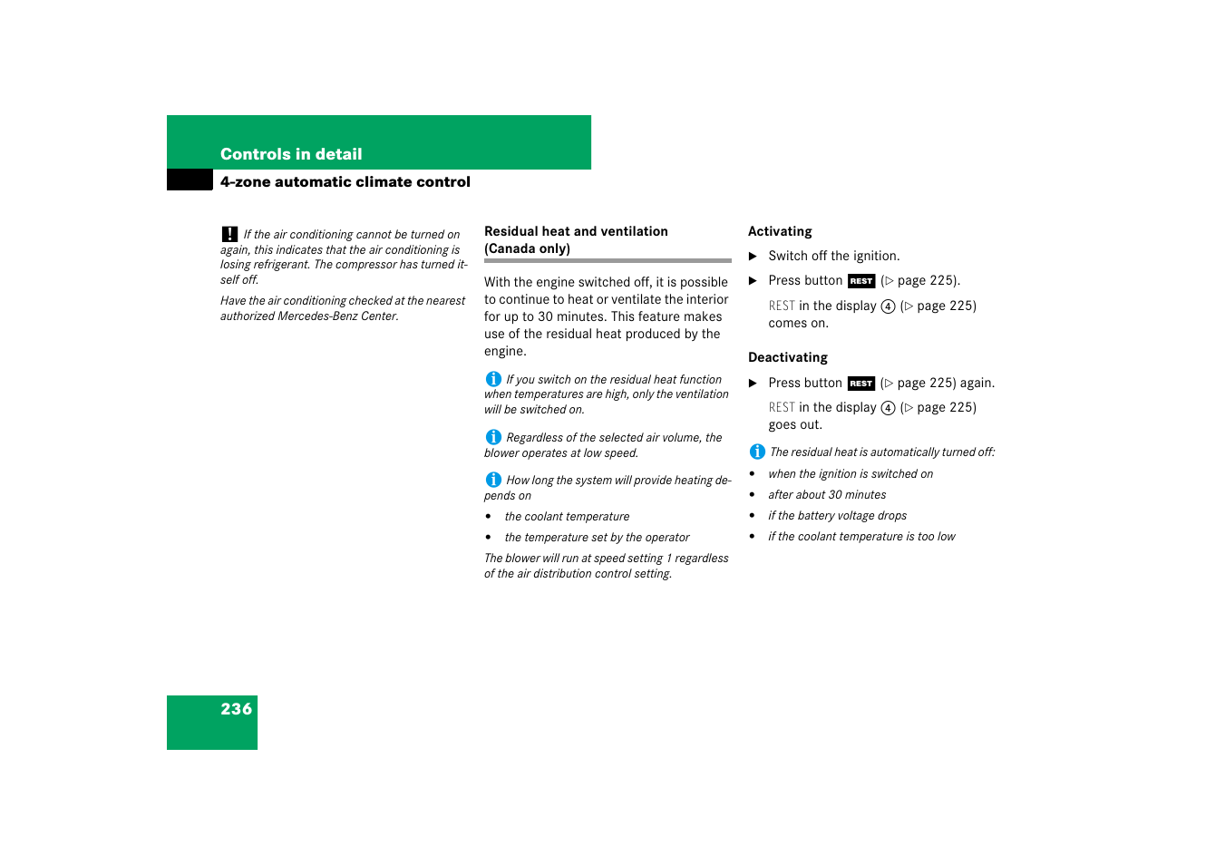 Climate control system:residual engine heat (rest), Residual heat and ventilation (canada only) | Mercedes-Benz E-Wagon 2007 Owners Manual User Manual | Page 237 / 514