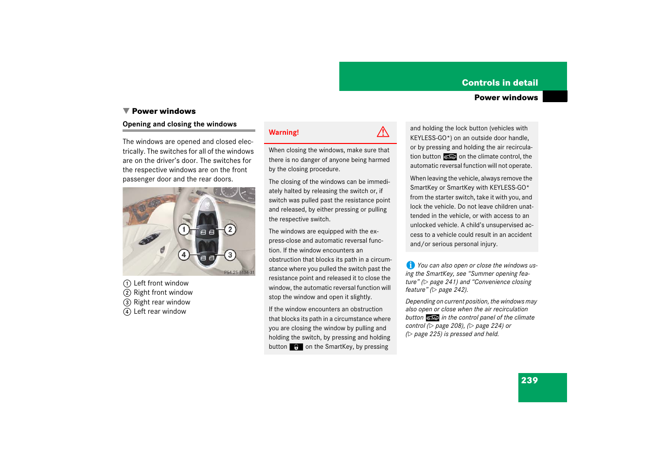 Power windows;windows see power windows, Power windows, Opening and closing the windows 239 | Mercedes-Benz E-Wagon 2007 Owners Manual User Manual | Page 240 / 514
