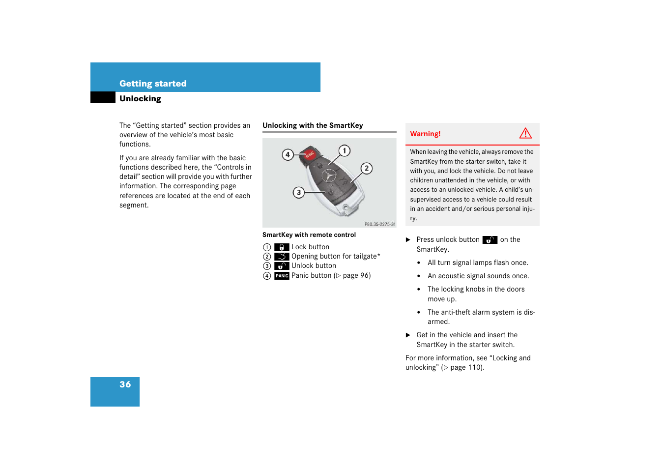 Unlocking, Unlocking with the smartkey | Mercedes-Benz E-Wagon 2007 Owners Manual User Manual | Page 37 / 514