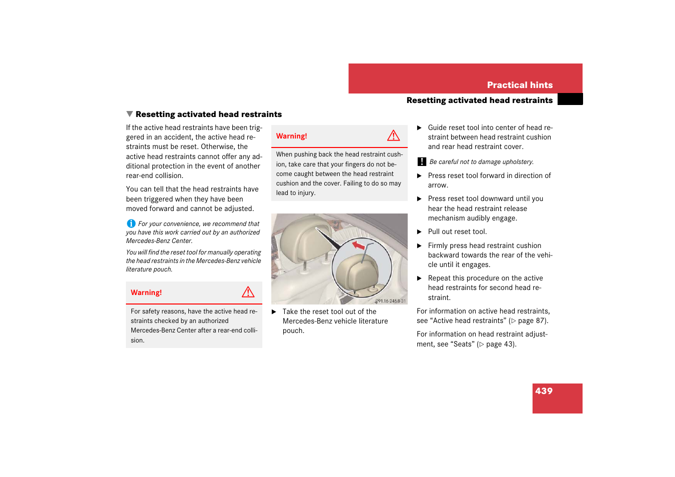 Resetting activated head restraints | Mercedes-Benz E-Wagon 2007 Owners Manual User Manual | Page 440 / 514