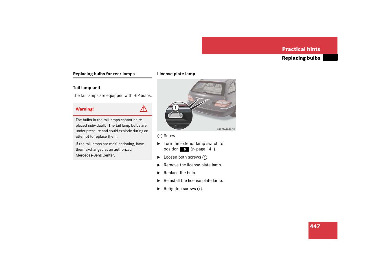 Replacing bulbs for rear lamps | Mercedes-Benz E-Wagon 2007 Owners Manual User Manual | Page 448 / 514