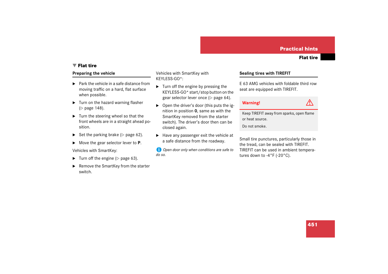 Flat tire:preparing the vehicle, Tirefit:instructions for use, Flat tire | Preparing the vehicle sealing tires with tirefit | Mercedes-Benz E-Wagon 2007 Owners Manual User Manual | Page 452 / 514