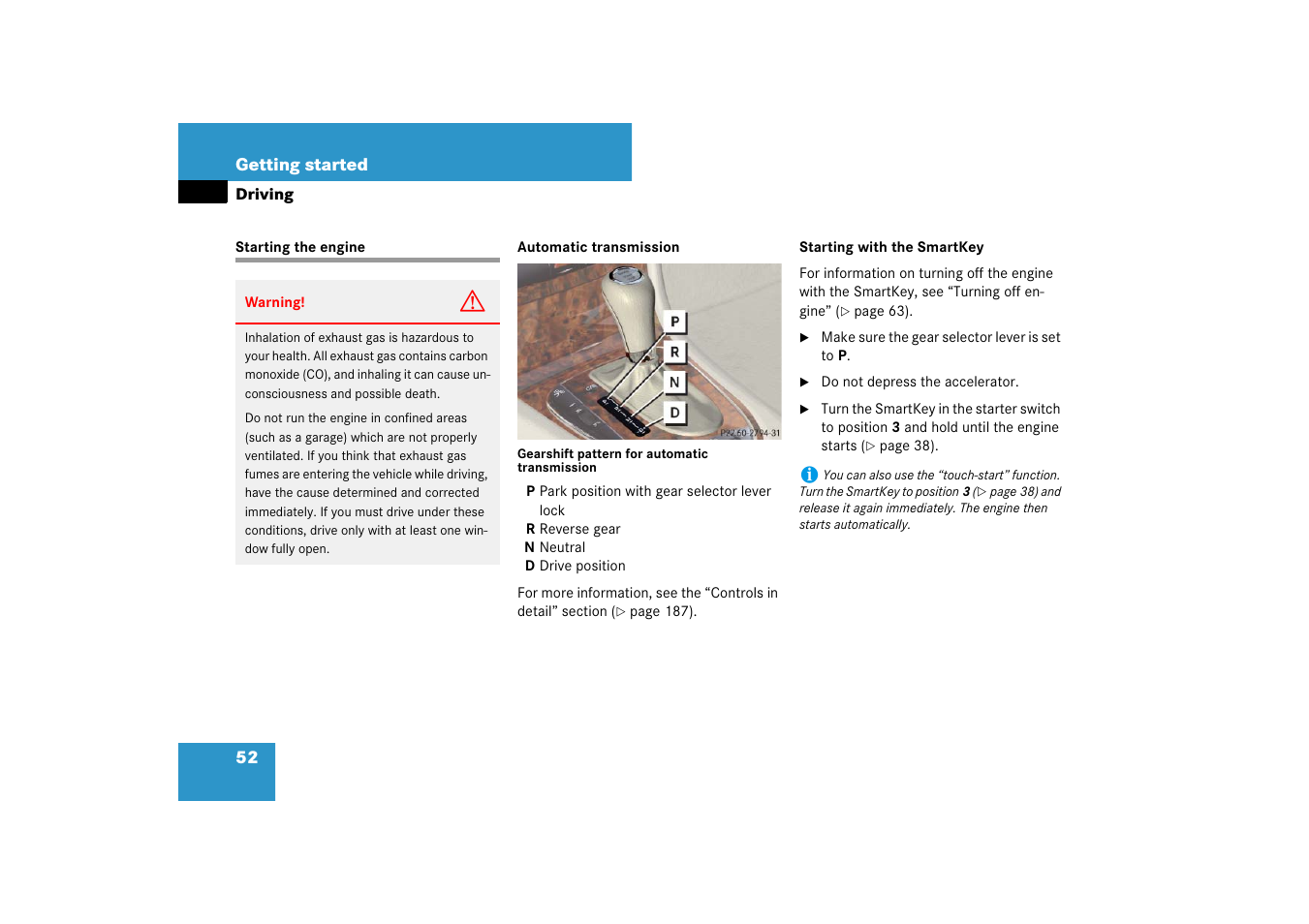 Starting, engine, Starting the engine, Artkey, see “starting with the smartkey | Mercedes-Benz E-Wagon 2007 Owners Manual User Manual | Page 53 / 514