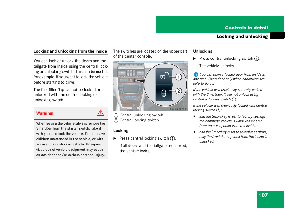Central locking:from inside, Locking and unlocking from the inside | Mercedes-Benz G-Class 2007 Owners Manual User Manual | Page 108 / 457