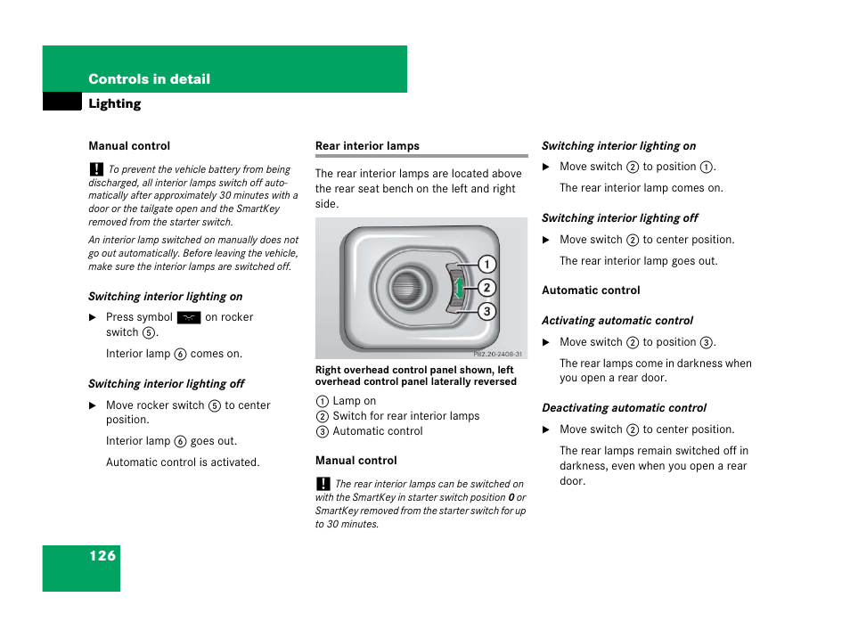 Interior lighting, rear, Rear interior lamps | Mercedes-Benz G-Class 2007 Owners Manual User Manual | Page 127 / 457