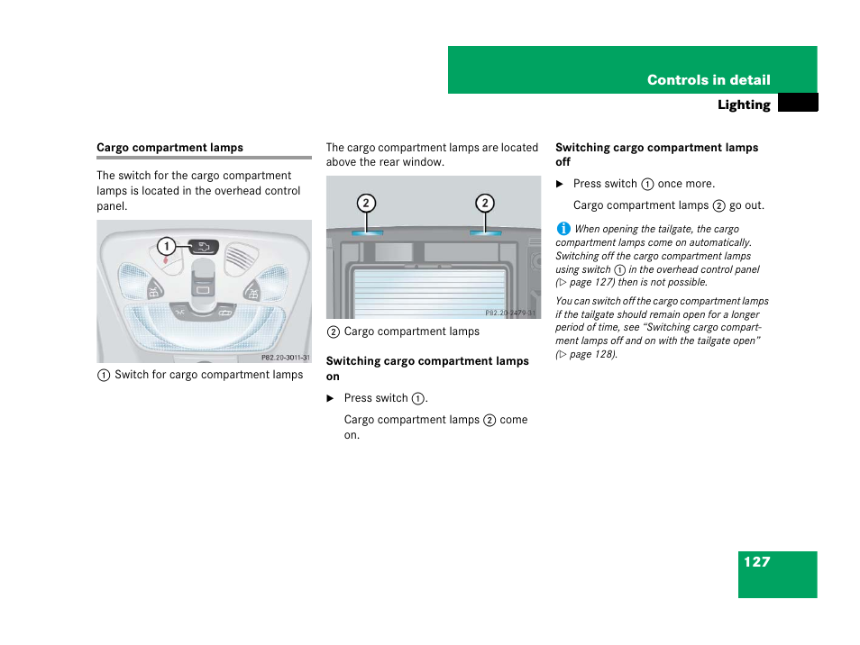 Passenger compartment:interior lighting, Cargo compartment lamps | Mercedes-Benz G-Class 2007 Owners Manual User Manual | Page 128 / 457