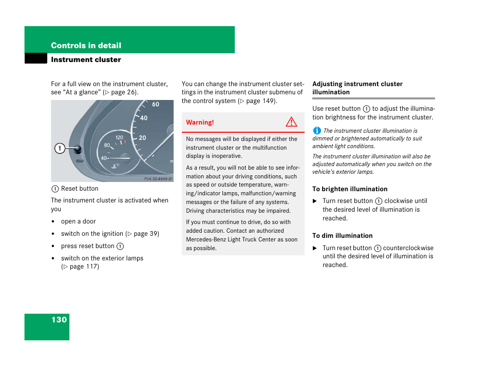 Instrument cluster, Instrument cluster:illumination, Adjusting instrument cluster illumination | Mercedes-Benz G-Class 2007 Owners Manual User Manual | Page 131 / 457