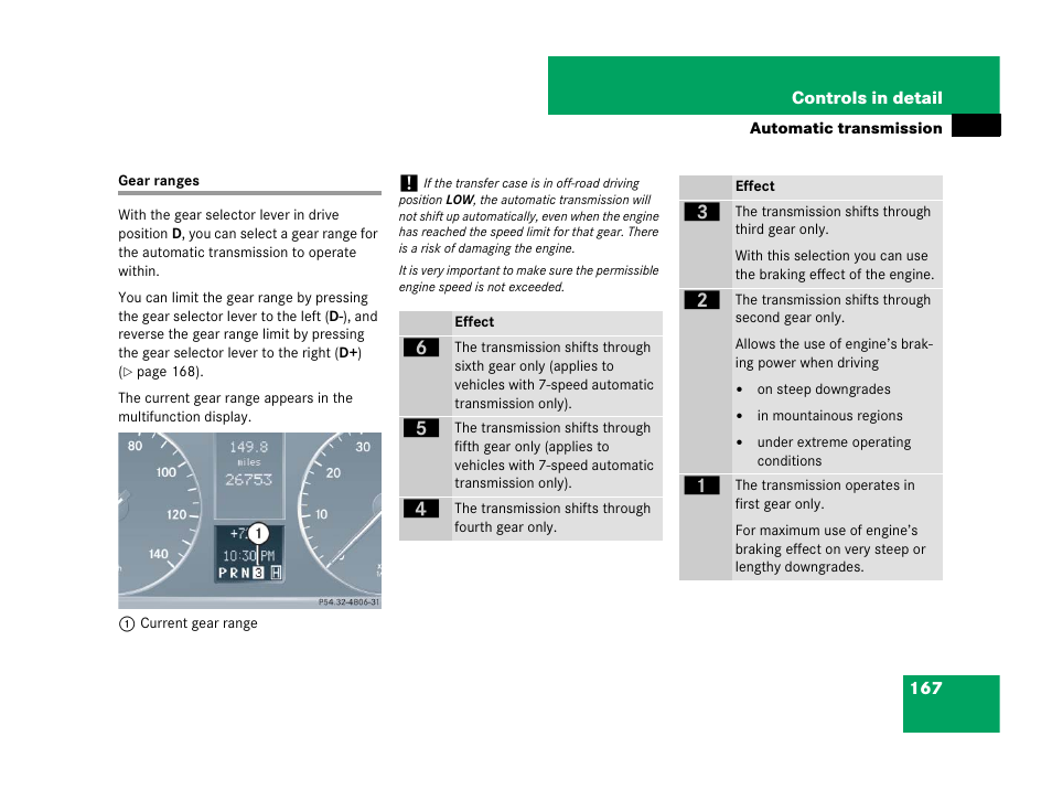 Gear range:automatic transmission, Gear ranges | Mercedes-Benz G-Class 2007 Owners Manual User Manual | Page 168 / 457