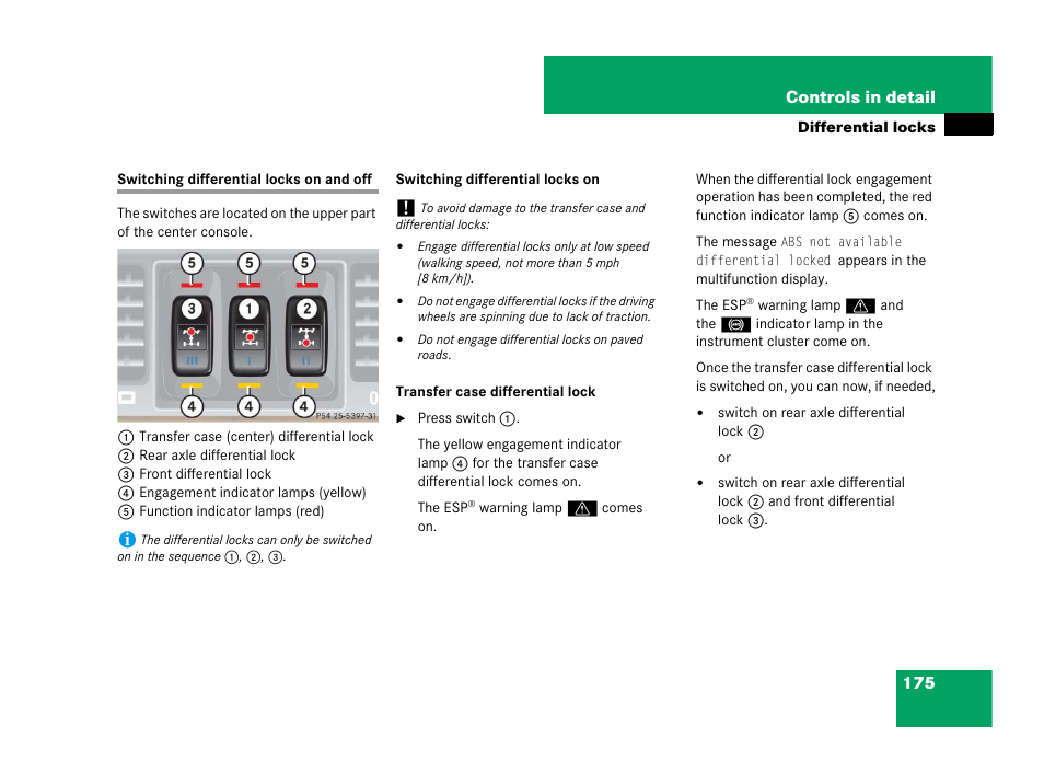 Differential locks:switching on, Switching differential locks on and off, Ed on | Mercedes-Benz G-Class 2007 Owners Manual User Manual | Page 176 / 457