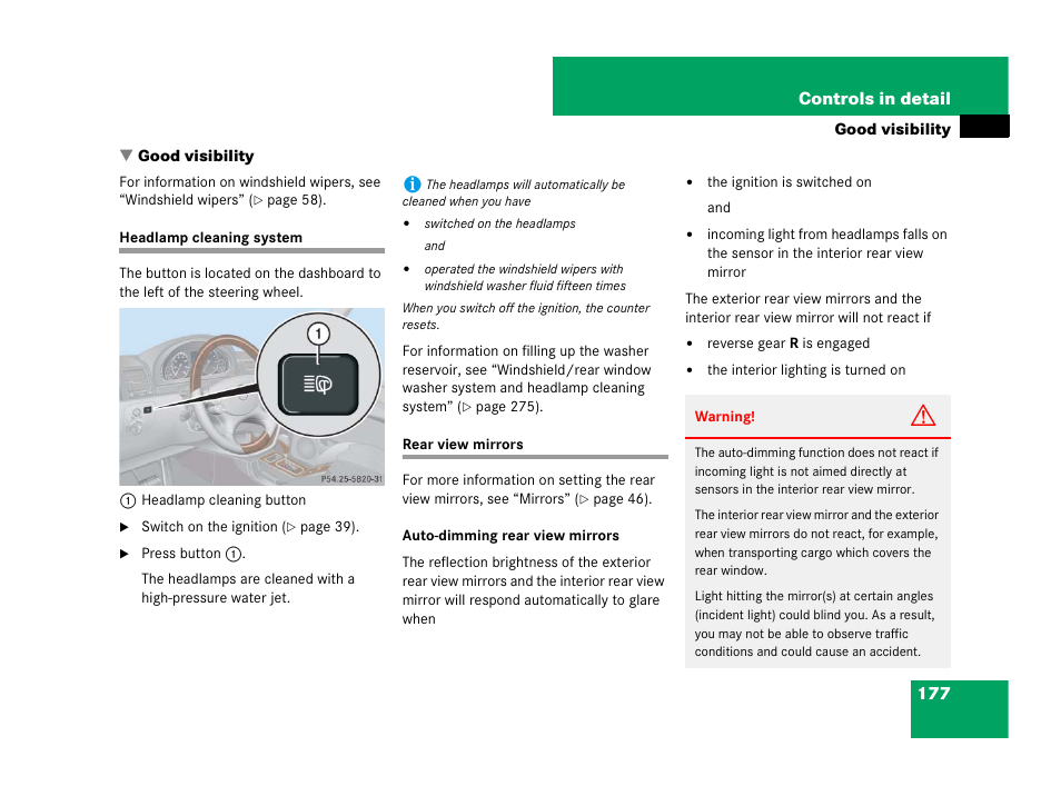 Good visibility, Headlamps:cleaning system, Headlamp cleaning system rear view mirrors | Mercedes-Benz G-Class 2007 Owners Manual User Manual | Page 178 / 457