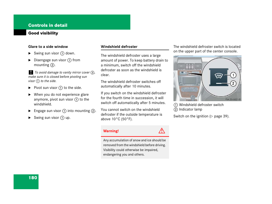 Climate control:windshield defroster, Windshield defroster | Mercedes-Benz G-Class 2007 Owners Manual User Manual | Page 181 / 457