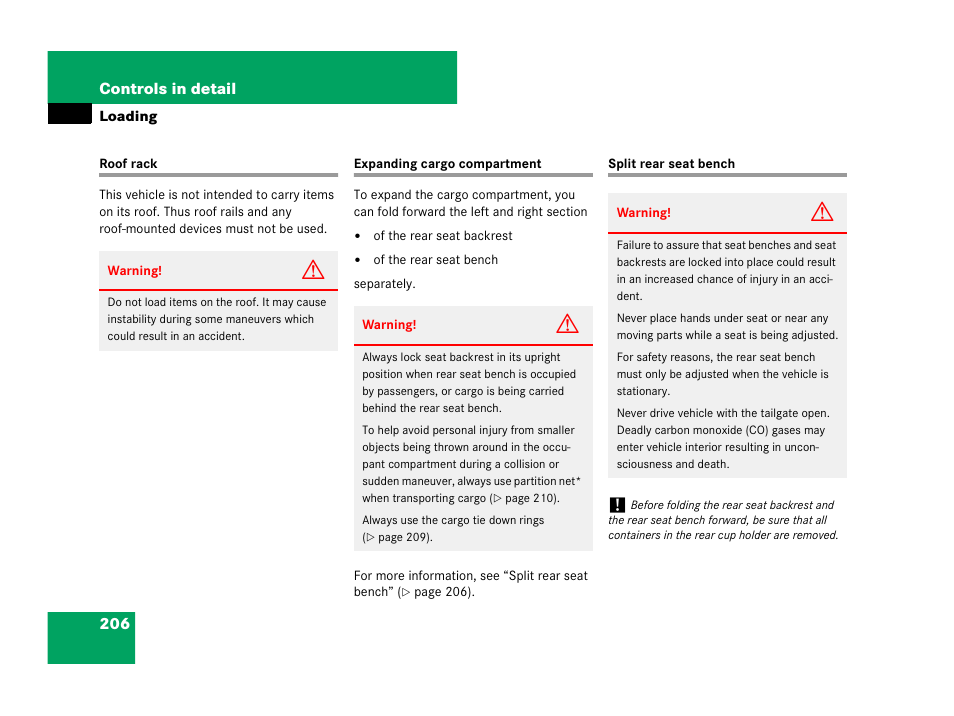 Loading, Roof rack, Expanding cargo compartment | Rear seat bench:split, See “load- ing | Mercedes-Benz G-Class 2007 Owners Manual User Manual | Page 207 / 457