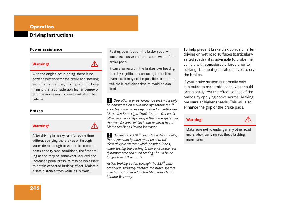 Power assistance, Brakes, Power assistance brakes | Mercedes-Benz G-Class 2007 Owners Manual User Manual | Page 247 / 457