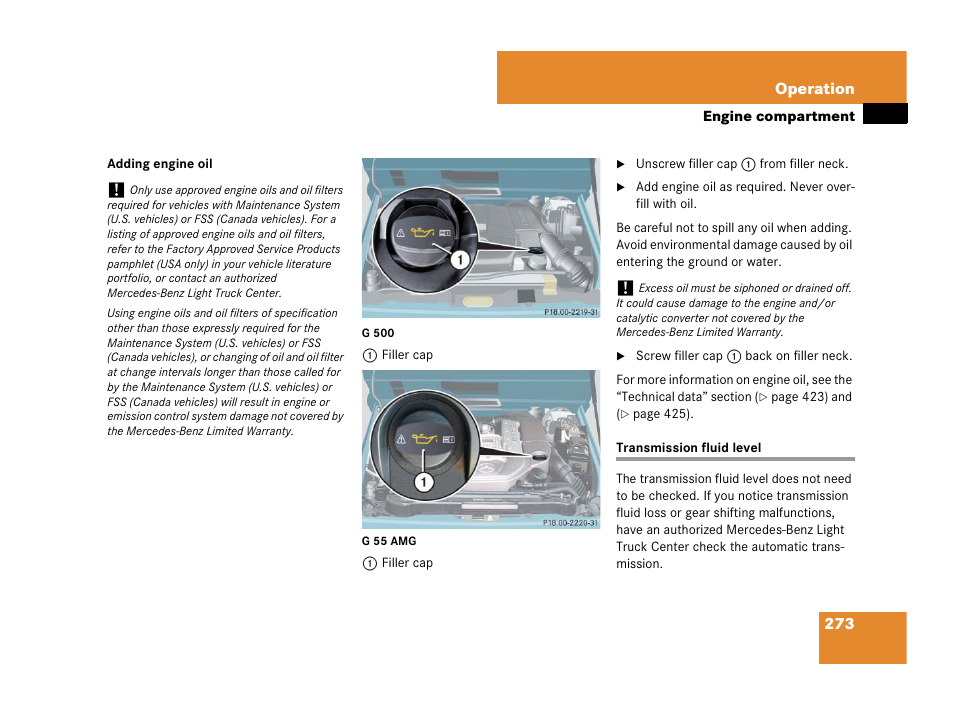Transmission fluid level | Mercedes-Benz G-Class 2007 Owners Manual User Manual | Page 274 / 457