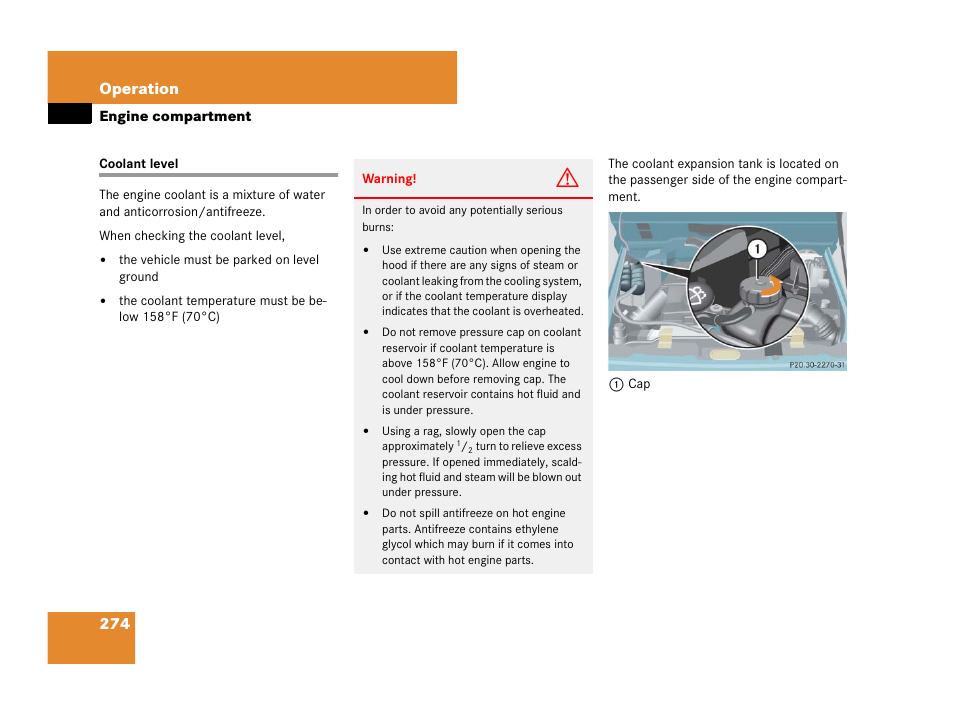 Coolant:checking level, Coolant level, On, see “coolant level | 274 operation | Mercedes-Benz G-Class 2007 Owners Manual User Manual | Page 275 / 457
