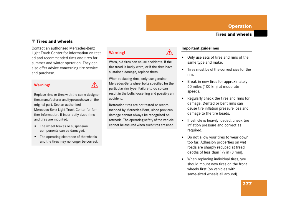 Tires, General information, Tires and wheels | Important guidelines, 277 operation | Mercedes-Benz G-Class 2007 Owners Manual User Manual | Page 278 / 457