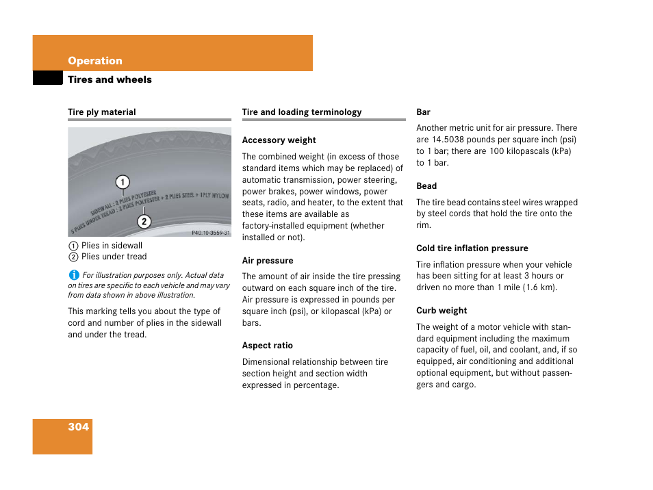 Tire ply material, Tire terminology, Tire ply material tire and loading terminology | Mercedes-Benz G-Class 2007 Owners Manual User Manual | Page 305 / 457