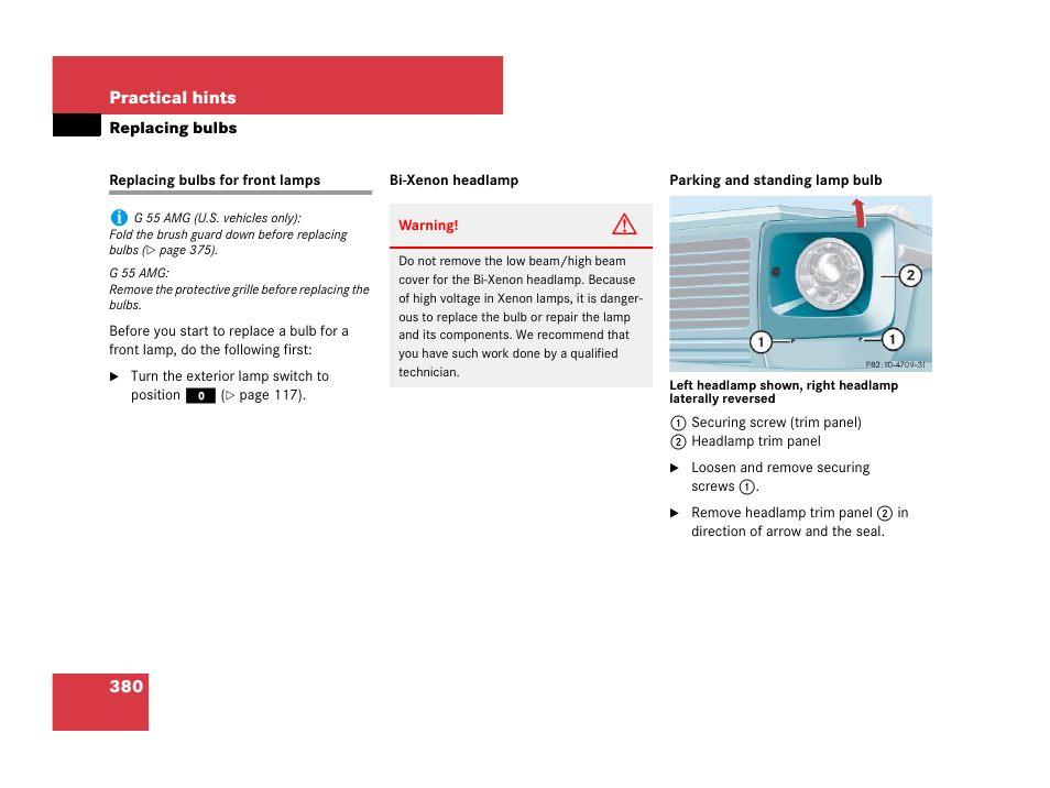 Front lamps:replacing bulbs, Replacing bulbs for front lamps | Mercedes-Benz G-Class 2007 Owners Manual User Manual | Page 381 / 457