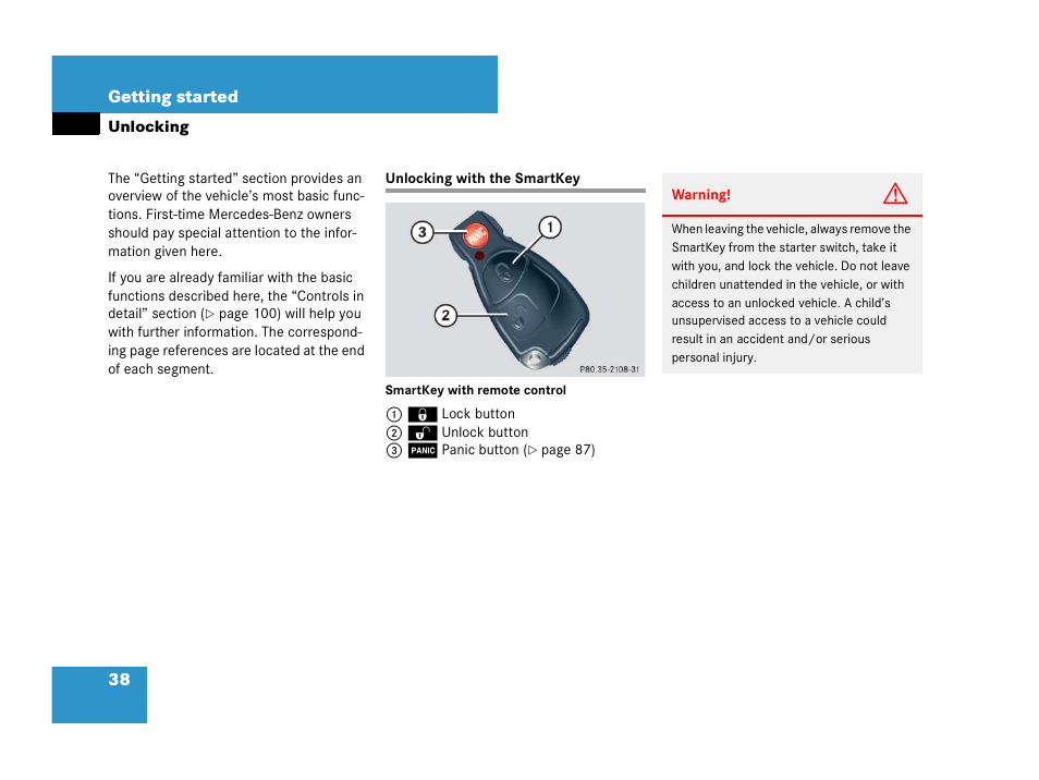 Unlocking, Unlocking:with the smartkey, Unlocking with the smartkey | Mercedes-Benz G-Class 2007 Owners Manual User Manual | Page 39 / 457