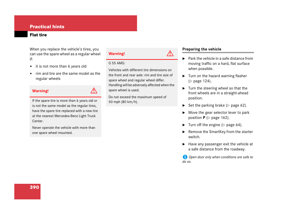 Flat tire, Preparing the vehicle | Mercedes-Benz G-Class 2007 Owners Manual User Manual | Page 391 / 457