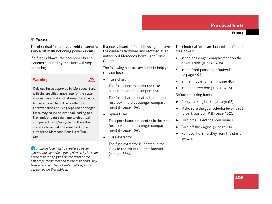 Fuses, 405 practical hints | Mercedes-Benz G-Class 2007 Owners Manual User Manual | Page 406 / 457