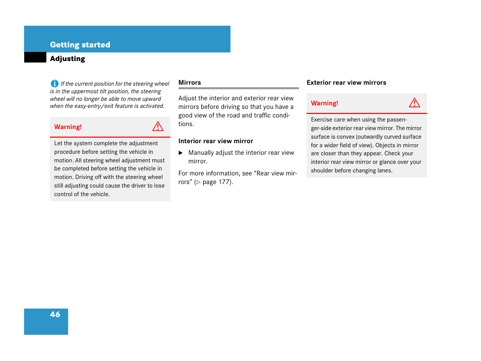 Mirrors:adjusting, Mirrors | Mercedes-Benz G-Class 2007 Owners Manual User Manual | Page 47 / 457