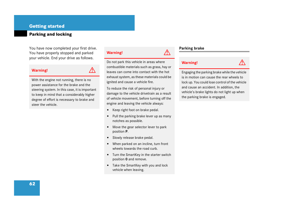 Parking, Parking brake:engaging, Parking and locking | Parking brake | Mercedes-Benz G-Class 2007 Owners Manual User Manual | Page 63 / 457