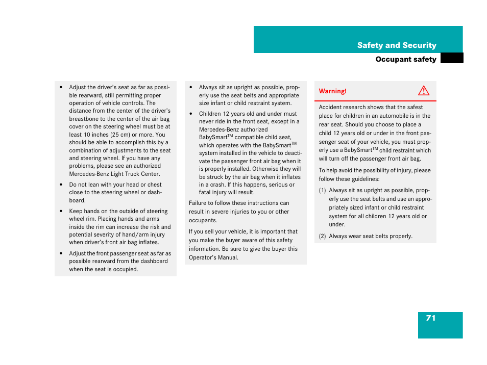 71 safety and security | Mercedes-Benz G-Class 2007 Owners Manual User Manual | Page 72 / 457