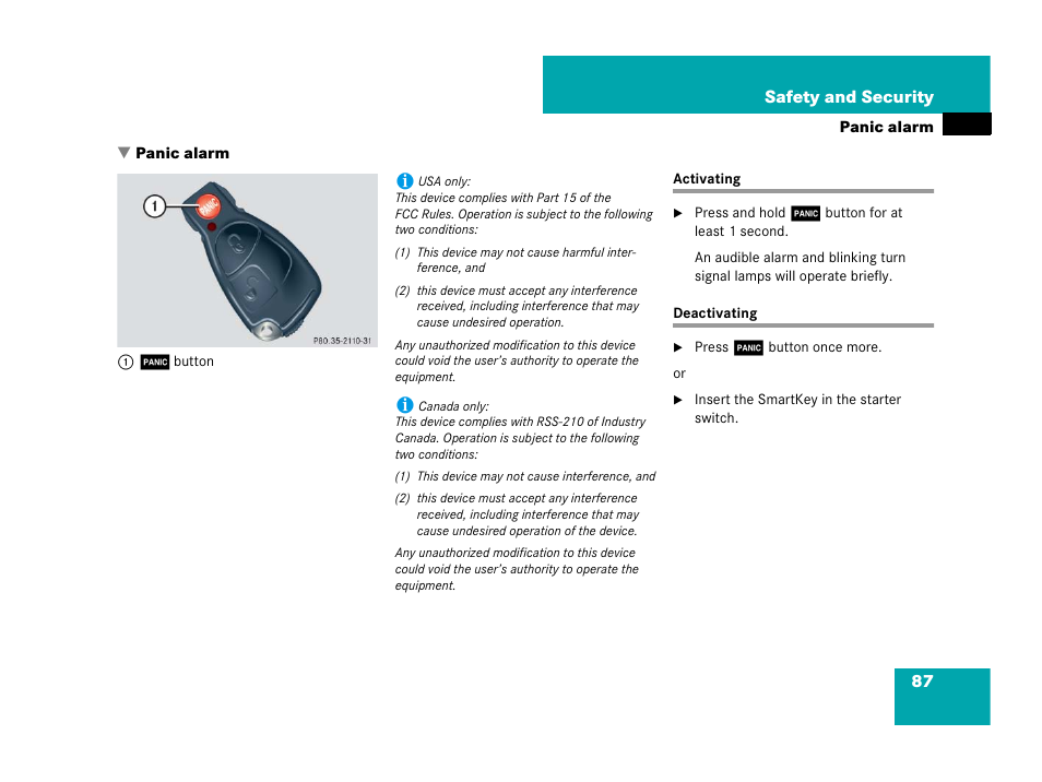 Panic alarm, Activating, Deactivating | Activating deactivating, Tton | Mercedes-Benz G-Class 2007 Owners Manual User Manual | Page 88 / 457
