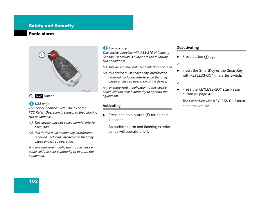 Panic alarm, Activating, Deactivating | Activating deactivating, Tton | Mercedes-Benz GL-Class 2007 Owners Manual User Manual | Page 103 / 595