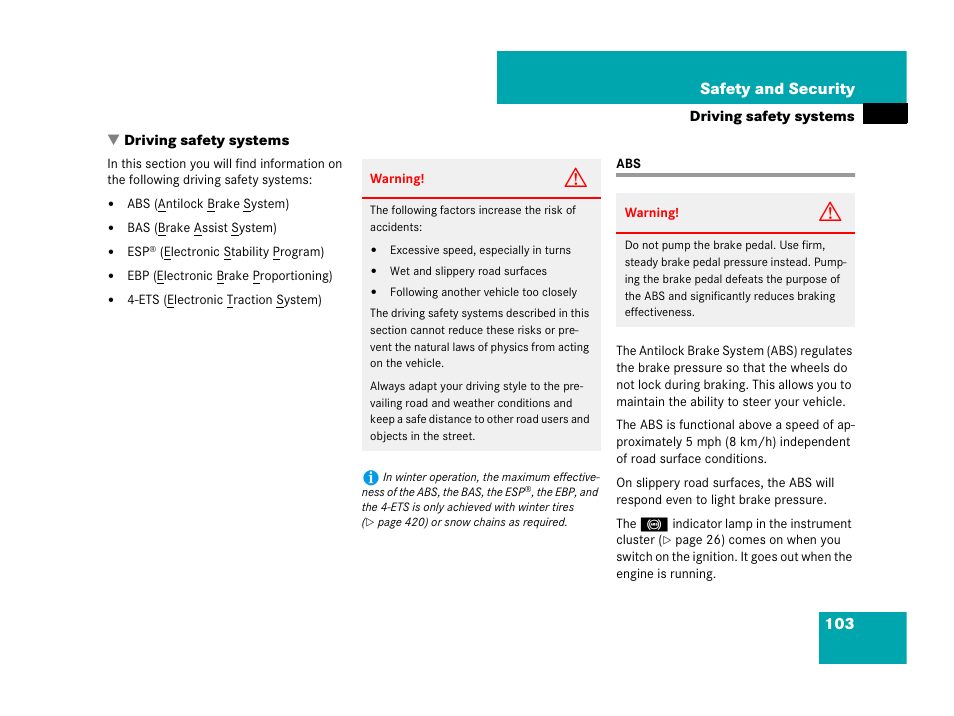 Driving:safety systems, Driving safety systems:abs, Driving safety systems | Mercedes-Benz GL-Class 2007 Owners Manual User Manual | Page 104 / 595