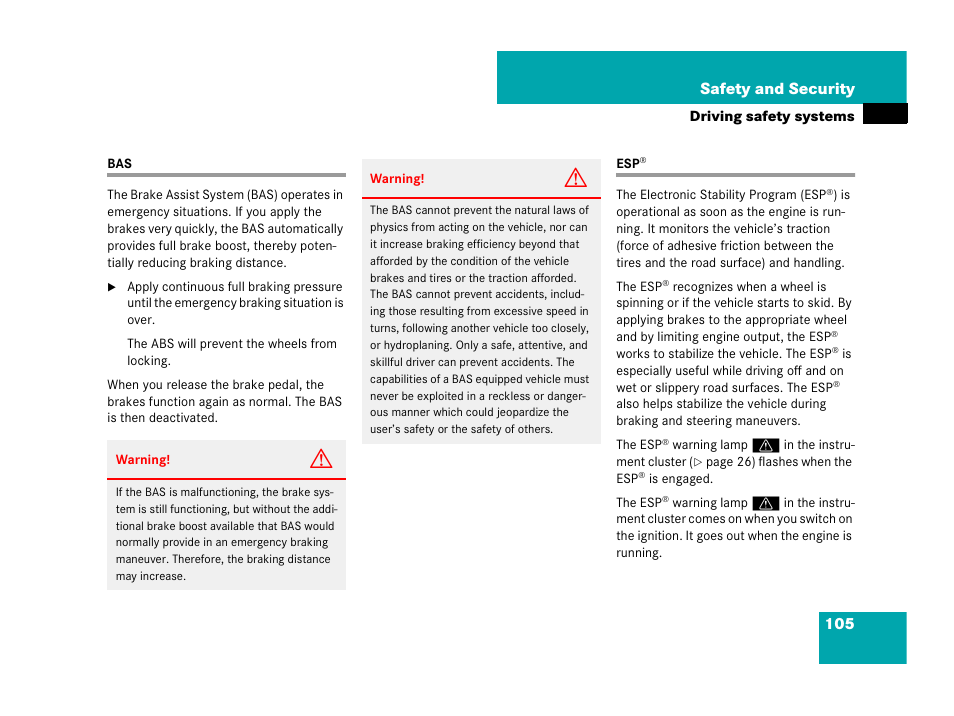 Driving safety systems:bas, Driving safety systems:esp, Bas esp | 105 safety and security | Mercedes-Benz GL-Class 2007 Owners Manual User Manual | Page 106 / 595