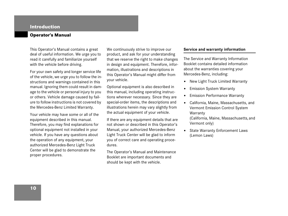 Operator’s manual, Emission control:system warranties, Service and warranty information | Mercedes-Benz GL-Class 2007 Owners Manual User Manual | Page 11 / 595