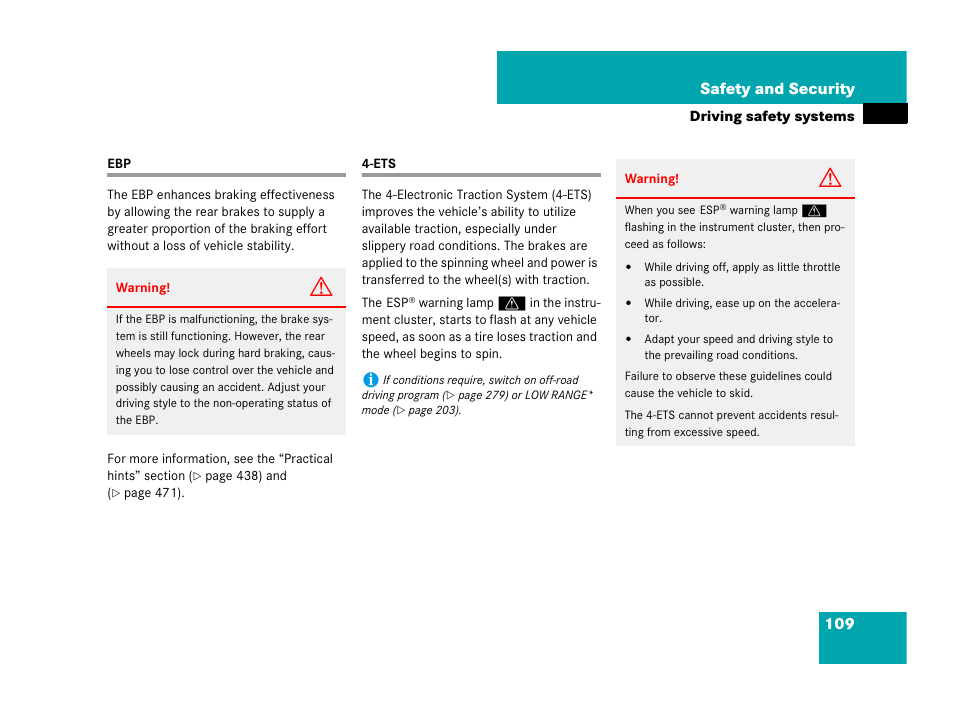 Driving safety systems:ebp, Driving safety systems:4-ets, Ebp 4-ets | 109 safety and security | Mercedes-Benz GL-Class 2007 Owners Manual User Manual | Page 110 / 595