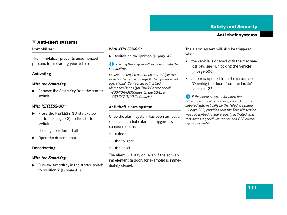 Immobilizer, Anti-theft systems:anti-theft alarm system, Anti-theft systems | Immobilizer anti-theft alarm system | Mercedes-Benz GL-Class 2007 Owners Manual User Manual | Page 112 / 595