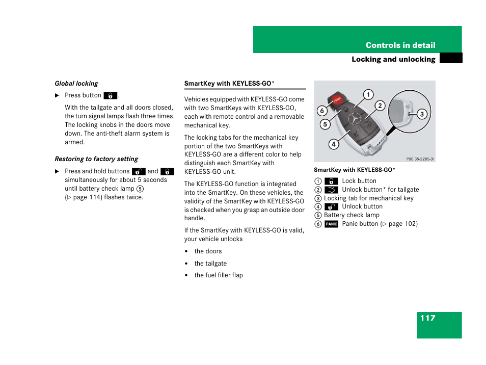 Smartkey with keyless-go, On, see “smartkey with keyless-go, Go, see “smartkey with keyless-go | Mercedes-Benz GL-Class 2007 Owners Manual User Manual | Page 118 / 595