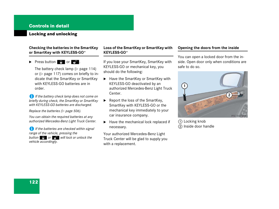 Batteries, smartkey:checking battery condition, Loss of keys, smartkey with keyless-go, Door:opening from inside/outside | See “opening the doors from the inside | Mercedes-Benz GL-Class 2007 Owners Manual User Manual | Page 123 / 595