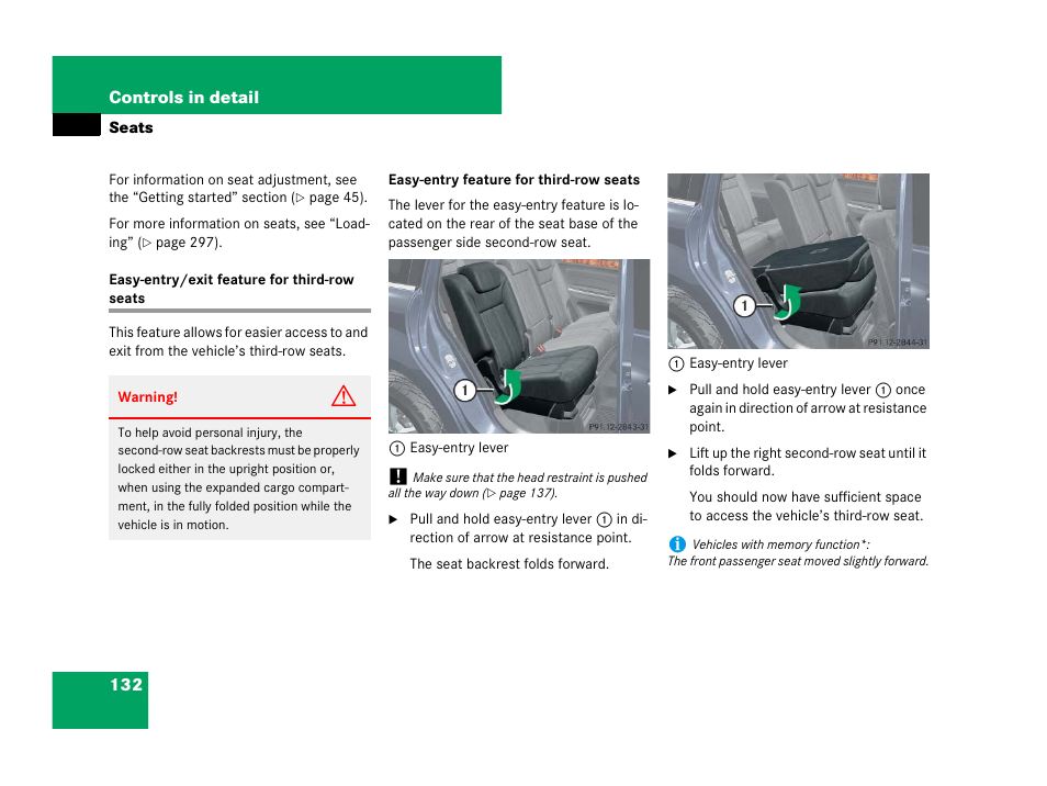 Seats, Easy-entry/exit feature:for third-row seats, Easy-entry/exit feature for third-row seats | On, see “seats | Mercedes-Benz GL-Class 2007 Owners Manual User Manual | Page 133 / 595