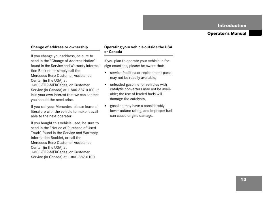 Change of address or ownership, Operating your vehicle outside the usa or canada | Mercedes-Benz GL-Class 2007 Owners Manual User Manual | Page 14 / 595