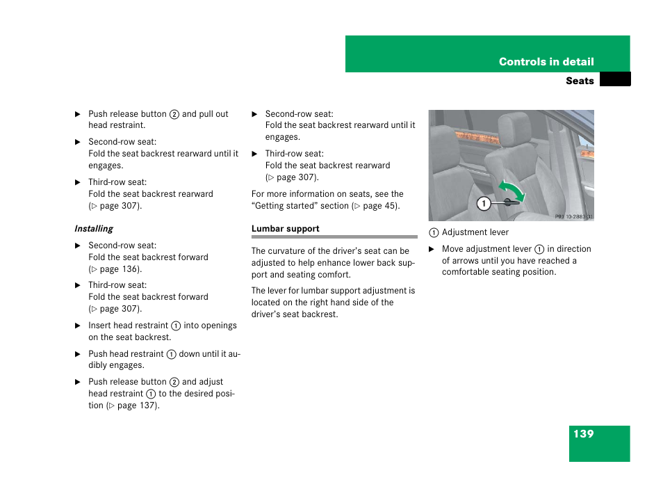 Lumbar support, 139 controls in detail | Mercedes-Benz GL-Class 2007 Owners Manual User Manual | Page 140 / 595
