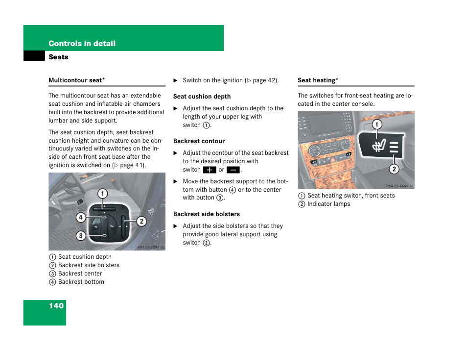 Backrest:seat, multicontour, Seats:heating, Multicontour seat* seat heating | Mercedes-Benz GL-Class 2007 Owners Manual User Manual | Page 141 / 595