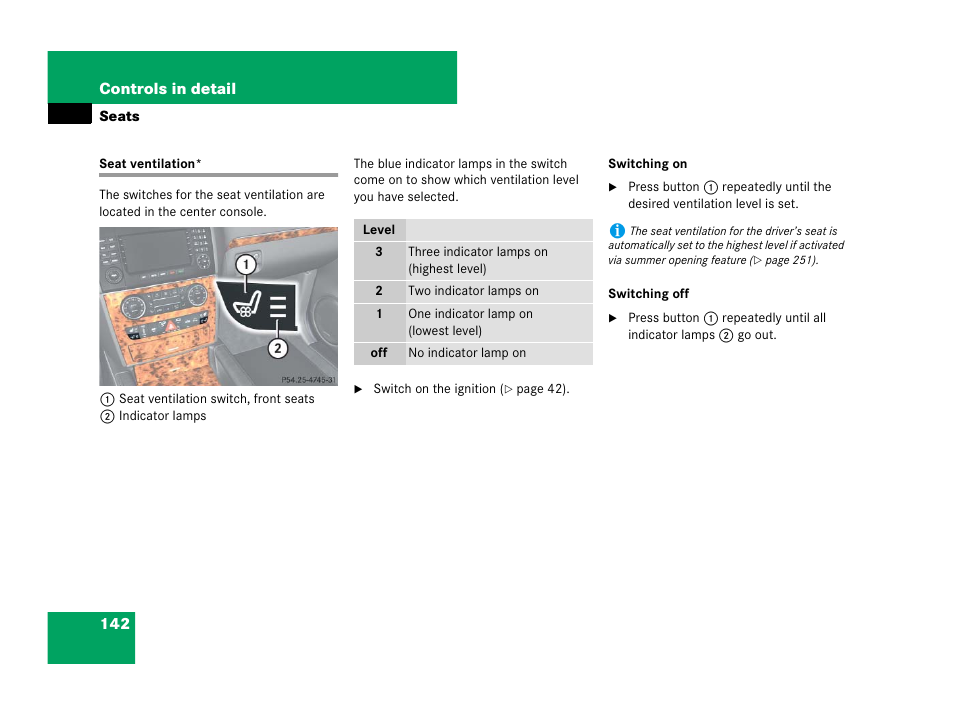 Seats:ventilation, Seat ventilation | Mercedes-Benz GL-Class 2007 Owners Manual User Manual | Page 143 / 595