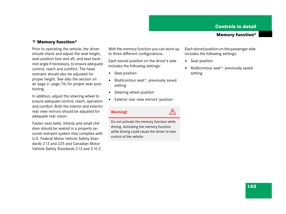 Memory function | Mercedes-Benz GL-Class 2007 Owners Manual User Manual | Page 144 / 595