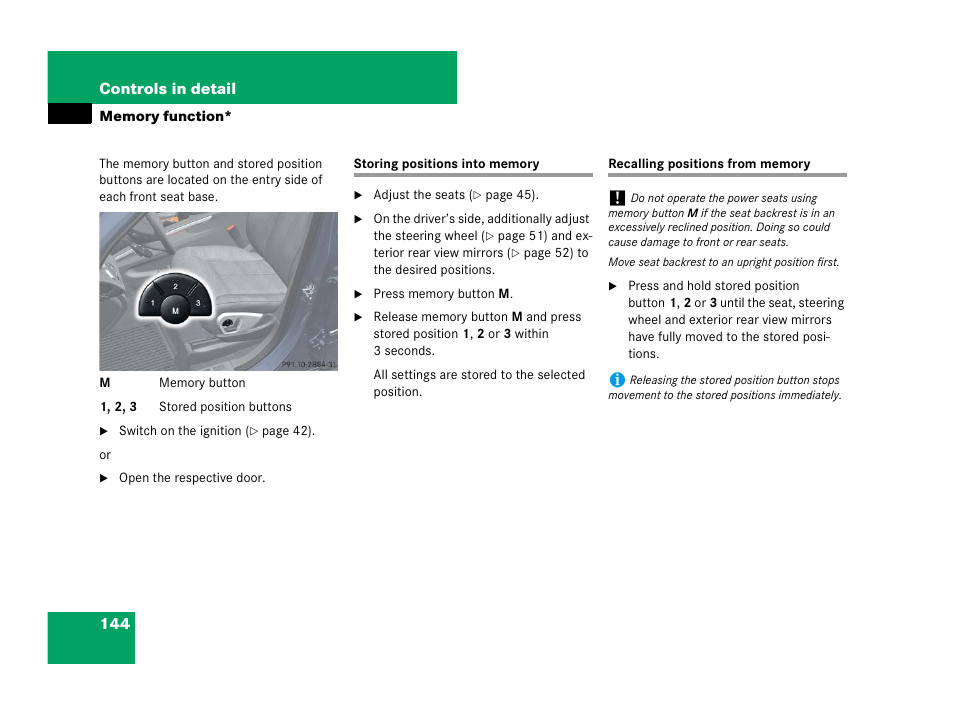 Storing positions into memory, On, see “recalling po- sitions from memory | Mercedes-Benz GL-Class 2007 Owners Manual User Manual | Page 145 / 595