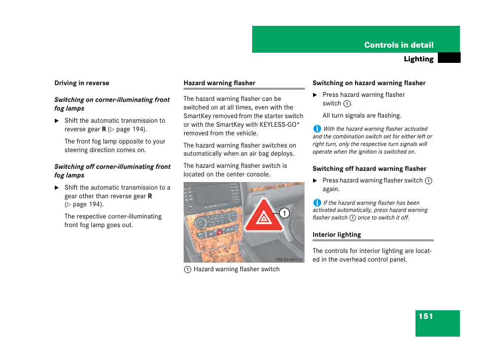 Emergency, in case of:hazard warning flasher, Interior lighting, Hazard warning flasher interior lighting | Mercedes-Benz GL-Class 2007 Owners Manual User Manual | Page 152 / 595