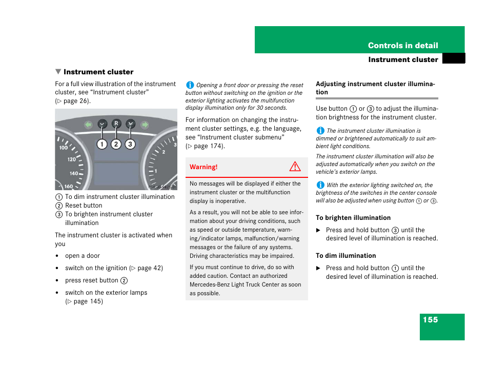 Instrument cluster, Instrument cluster:illumination brightness, Adjusting instrument cluster illumination | Mercedes-Benz GL-Class 2007 Owners Manual User Manual | Page 156 / 595