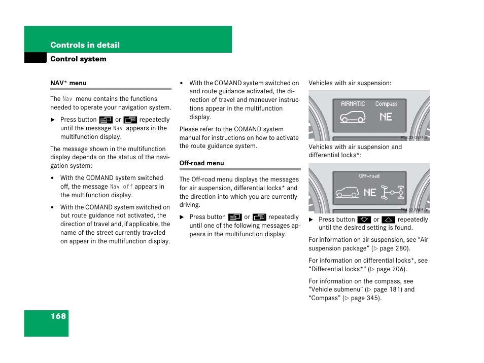 Control system menus:off-road, Nav* menu off-road menu | Mercedes-Benz GL-Class 2007 Owners Manual User Manual | Page 169 / 595