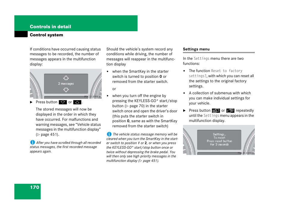 Control system menus:settings, Settings menu | Mercedes-Benz GL-Class 2007 Owners Manual User Manual | Page 171 / 595